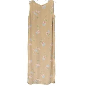 Liz Claiborne Collection Silk Maxi Dress Petite 10 Beige Floral Sleeveless Lined